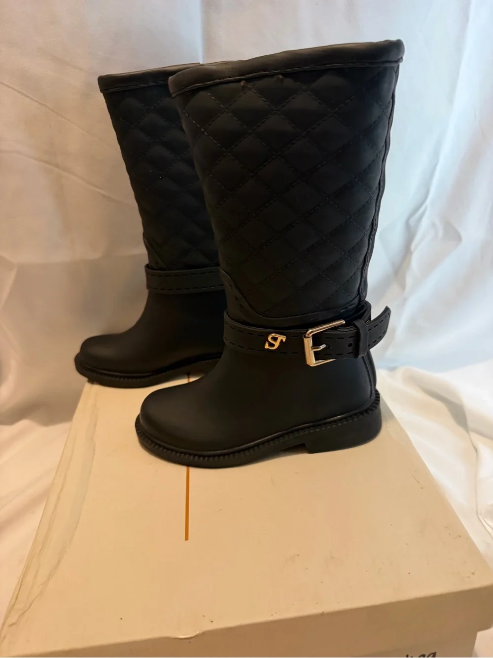 NWT Girls Quilted Rain Boots Black Buckle Size 7 Toddler EU 24 25 Waterproof